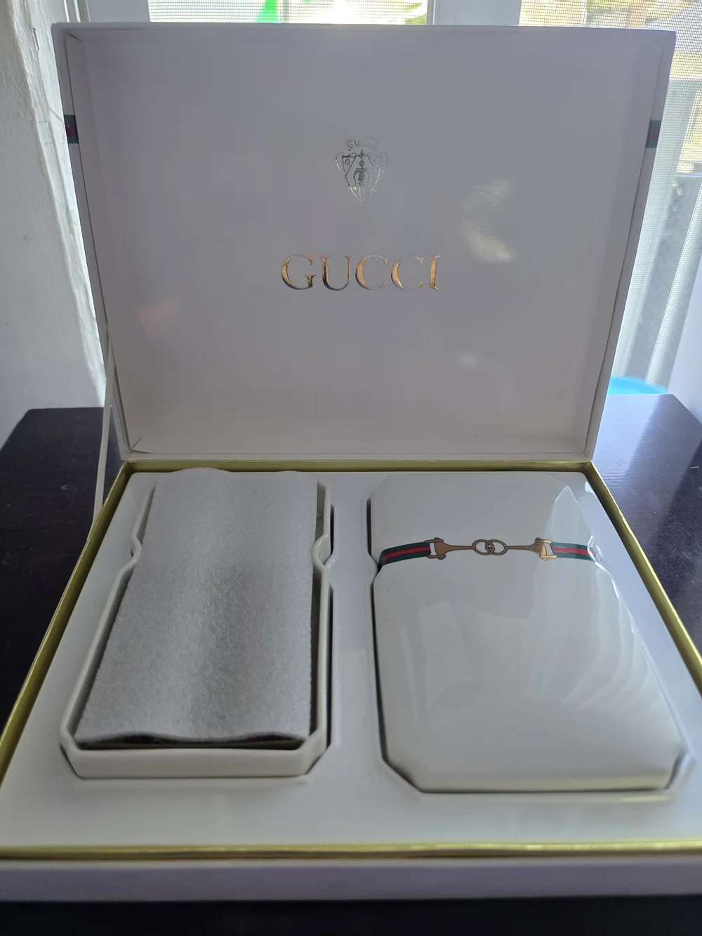 Gucci White Porcelain Cuff Link Set with Green-Red Web Stripe